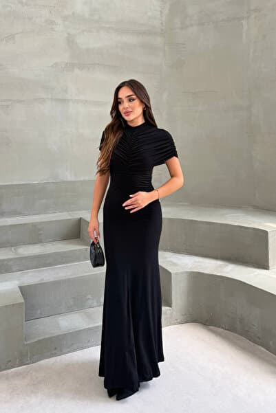 MİROR Kadın Siyah Drapeli Yüksek Yaka Balık Model Maxi Boy Elbise