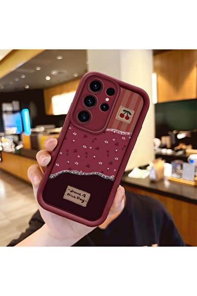 SLIMFELT Samsung Galaxy S23 Ultra Uyumlu Bordo Renkli Çiçek Desenli Kılıf Silikon Şok Absorbe Edici