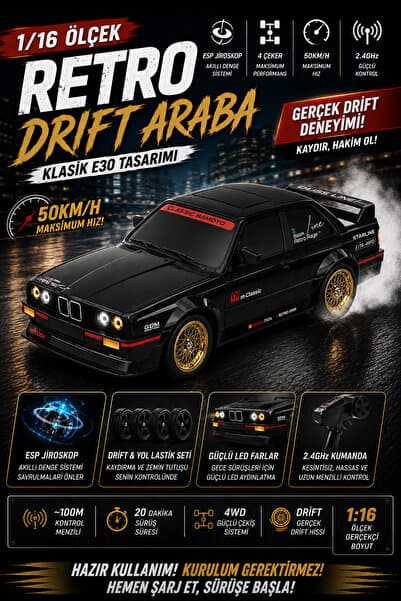 oyuncakgidiyor 1/16 4WD 50 KM Hızlı E30 RC Drift Uzaktan Kumandalı Yedek Lastikli Oyuncak Drift Araba Siyah