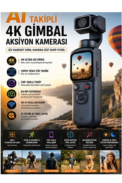 WUNİT 4K Ultra Hd AI Destekli Takip Profesyonel Aksiyon Kamerası Dokunmatik Ekran 360 Dönüş Gimbal Profesyonel Vlog Çekim