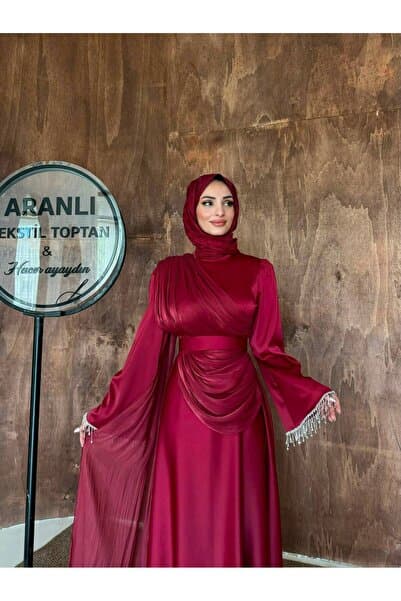 Aranlı tekstil Prenses Kesim Drapeli Kolu Taş Püsküllü Tesettür Abiye