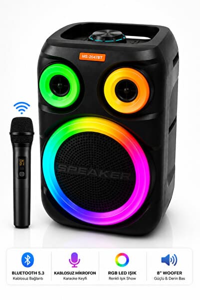 Omaze Bluetooth Hoparlör Karaoke Kablosuz Mikrofonlu 8 İnç Taşınabilir RGB Işıklı Şarjlı USB FM Radyo