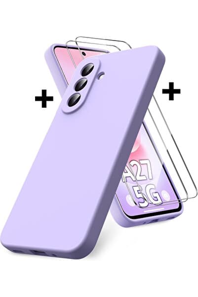 m.tk moveteck Samsung Galaxy A27 Uyumlu Kılıf Kamera Korumalı Yumuşak Renkli Silikon + 9H Ekran Koruyucu Cam 2in1 Set