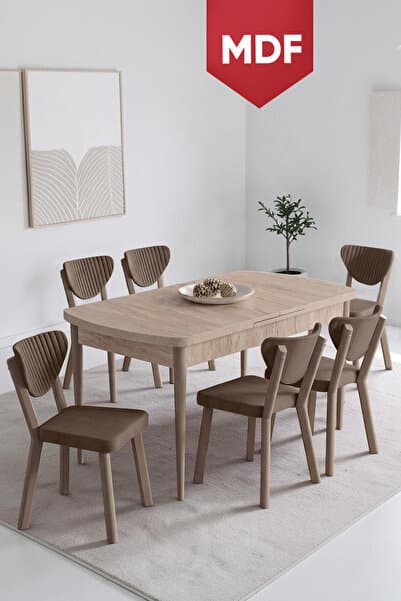 Canisa Exve Serisi 80x132 MDF Açılabilir Traverten Takımı ve 6 Kahverengi Sandalye