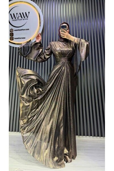 waw tesettür Cindirella Simli Drape Detaylı Tesettür Abiye Elbise