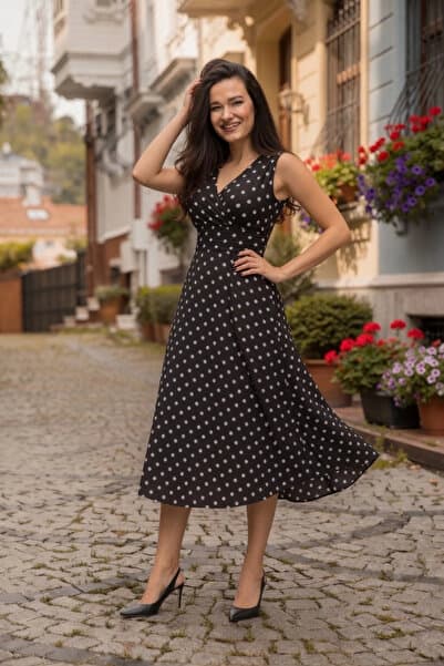 AZRA BUTİK Sıfır Kol Puanlı Krep Elbise