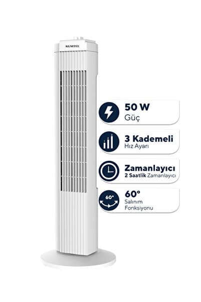 KTF-258W Kule Tipi Beyaz Vantilatör – 50W, Zaman Ayarlı, 3 Hız Kademeli, Sessiz Çalışma