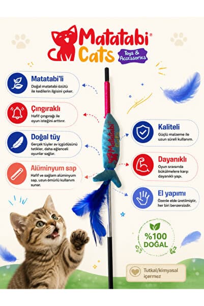 MATATABİ CATS Al.saplı Jr.fish Sesli, Tüylü Peluş Kedi Oltası 50 Cm Kedi Oyuncağı(KEDİ NANESİ/OTU İÇERMEZ)