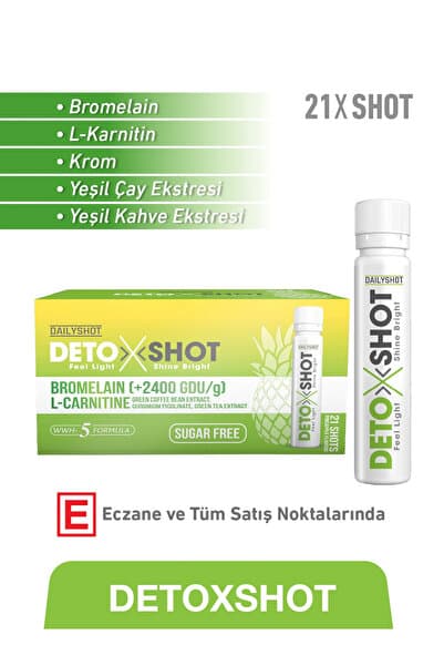 DetoxShot Bromelain, L-Karnitin, Krom, Yeşil Çay-Yeşil Kahve Ç. İçeren Gıda Takviyesi – 21 Shot