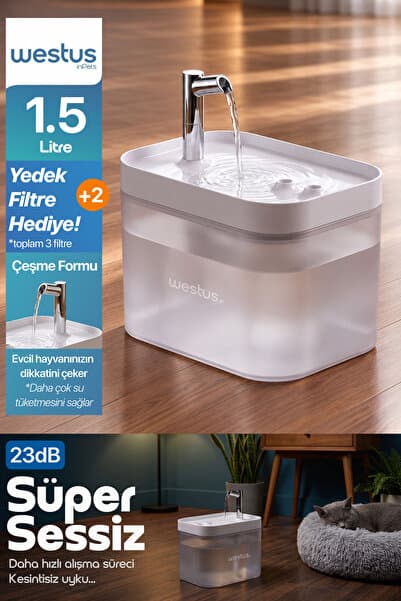Westus inPets H13™ 1.5L Ultra Sessiz Otomatik Evcil Hayvan Kedi Köpek Su Pınarı Çeşmesi | Su Sebili Şelalesi | 3 Akış Hızı | +2 Hediye Yedek Filtreli