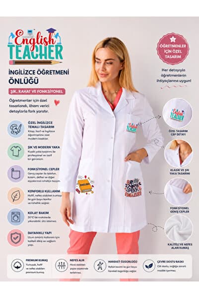 YnkStore İngilizce öğretmeni baskılı beyaz önlük branş öğretmen öğrenci önlüğü