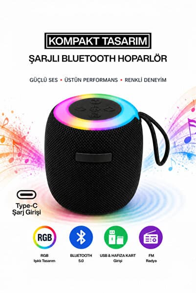 MetaForce RGB Işıklı Şarjlı Bluetooth Hoparlör - Type-C - FM Radyo - USB - HAFIZA KARTI Siyah