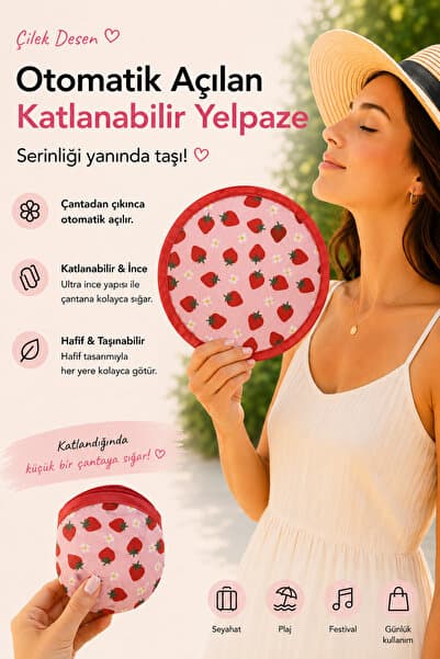 Handalin Çilek Desenli Otomatik Açılan Katlanabilir Yuvarlak Yelpaze – Çantalı Taşınabilir Mini Yelpaze