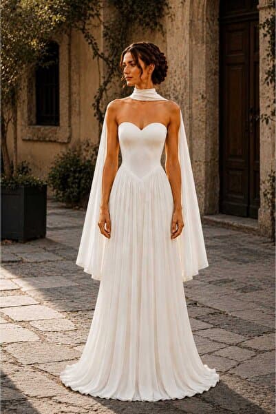 Elorya Bloom Valeria Straplez Şal Detaylı Kloş Şifon Nikah, Söz, Nişan ve Dış Çekim Elbisesi Kırık Beyaz