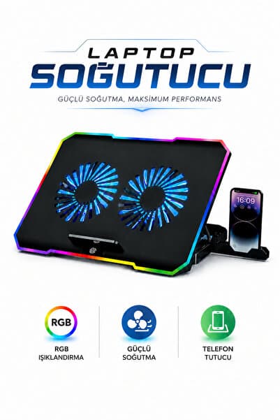 Abbruch RGB Laptop Soğutucu Stand Çift Fanlı Ayarlanabilir Notebook Soğutucu Telefon Tutuculu USB Beslemeli Siyah