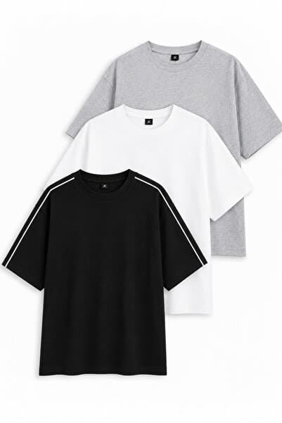 DARK MODA Unisex Oversize Beyaz,Gri ve Siyah Şeritli 3'lü T-shirt Seti