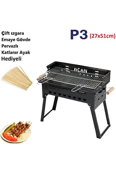 Genel Markalar Pervazlı Emaye Mangal P3 Battal Boy Barbekü Çift Kömürlü Izgara Katlanır Ayaklı 27x51cm