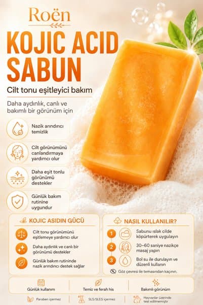Roen Doğal Kojik Asit Sabunu, Cilt Beyazlatıcı, Leke Giderme, Kararma, Akne, Güneş Lekeleri 110gr