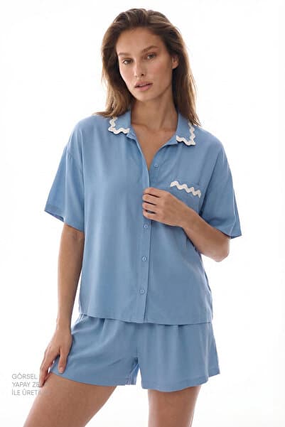 Penti Mavi Serenity Kısa Kollu Gömlek Şort Pijama Takımı