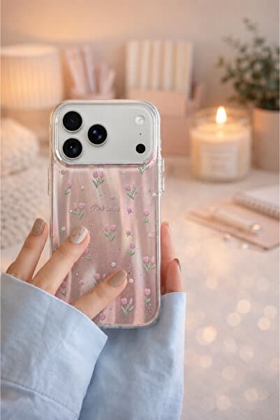 MustCase iPhone 17 Pro Max Uyumlu Pembe Lale Desenli Holografik Telefon Kılıfı Parıltı Efektli Kılıf