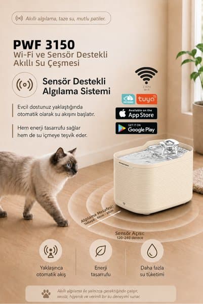 PREMIER PWF 3150 Wi-Fi ve Sensörlü Akıllı Otomatik Kedi Köpek Su Çeşmesi 2,5 L – Paslanmaz Çelik - BPA içermez - Petmate Flowsense Pro - Krem