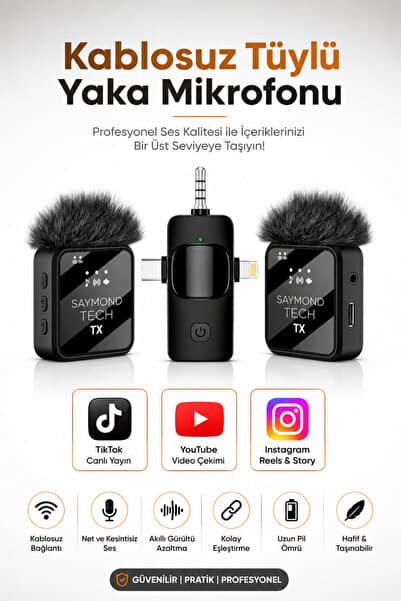 SAYMOND Yaka Mikrofonu Type-C Lightning Aux 2 Adet 3IN1 Kablosuz Mikrofon F11-2 Siyah