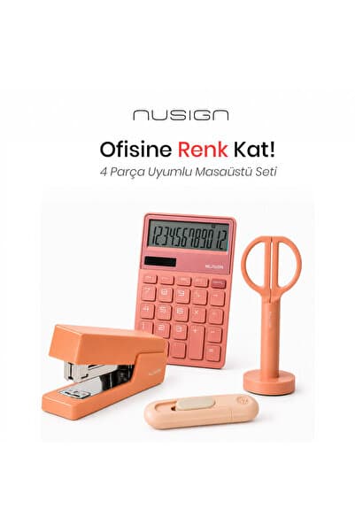 Nusign Hesap Makinesi &Zımba & Makas Kırtasiye Seti - Pembe