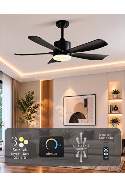 Hoogar German Black 2026 Yeni Compact Tasarım 105 CM 5 Kanatlı DC Sessiz Motor Tavan Vantilatörü Dim Ayarlı