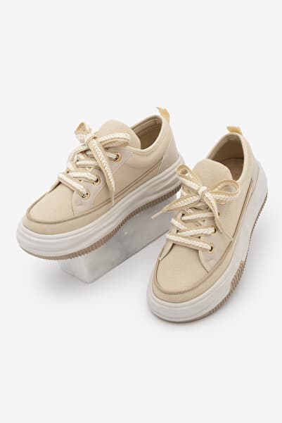 Kadın Yüksek Taban Sneaker Keten Kumaş Bağcıklı Spor Ayakkabı Hesna Bej