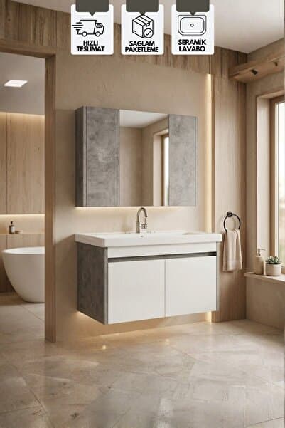 KAREN BANYO Retro 80 Cm Lavabolu, Aynalı Banyo Dolabı, Retro Gümüş-Beyaz, Seramik Lavabo Dahil