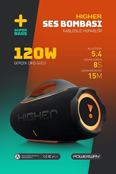Powerway Higher 120w 4x Güç Usb Hafıza Kartı Aux Fm Led Işıklı Bluetooth Hoparlör 8000 mAh Ses Bombası