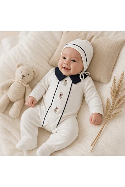 limebabies Erkek Bebek Ayıcık işlemeli %100 Pamuk Şapkalı Tulum Seti