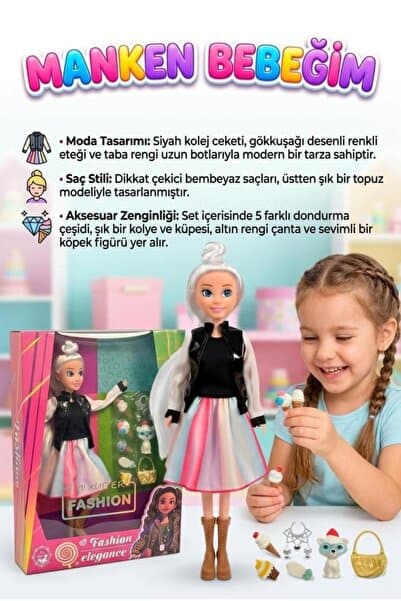 Tıfıl Toys Kolej Ceketli Manken Bebek Seti - Gökkuşağı Eteklli Dondurma Aksesuarlı ve Evcil Hayvanlı Oyuncak Moda Bebek