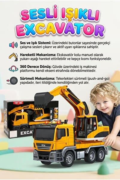 Tıfıl Toys Işıklı Sesli 1 Düğme Fonksiyonlu Sürtmeli 1:16 Ölçek 360 Derece Dönebilen Kepçeli Oyuncak Ekskavatör