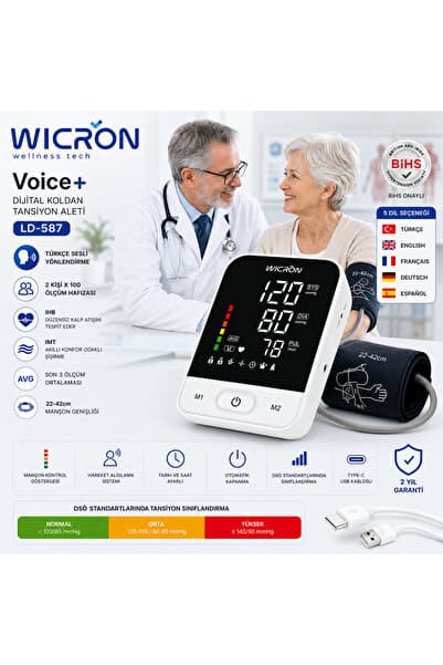 Wicron Tansiyon Aleti Koldan Ölçer Tam Otomatik Geniş Renkli Ekran Düzensiz Tansiyon Uyarılı Türkçe Konuşan Voice+