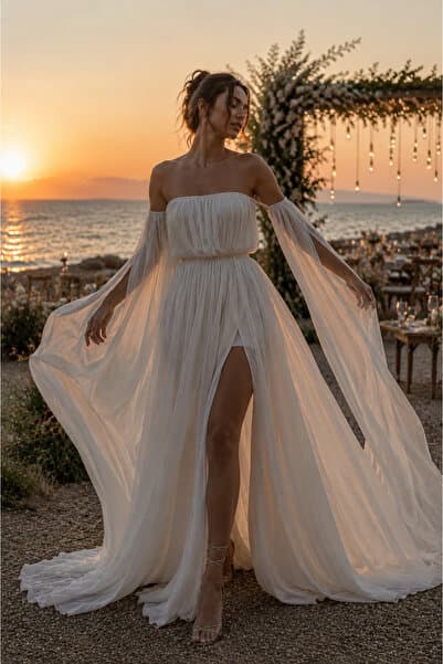 NA ADDESIGN Aura Bride Şifon Elbise, Kısa Ve Uzun Seçenek, Uçuş Uçuş Nikah Elbisesi