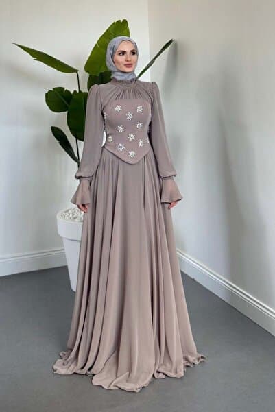 MERVEN AKYÜZ Lumiere Seyyar Korseli Şifon Abiye Vizon