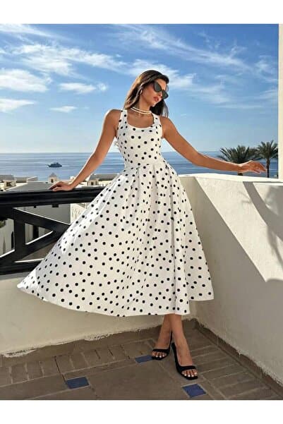 mass fashion Kadın Puantiye Desenlı Uzun Asklı Elbise
