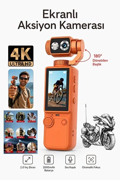 RUGGED 4K Ultra HD Mini Aksiyon Vlog Kamera 2.0 inç Ekranlı Mikrofon Destekli Oto Fokus Özellikli 180° Döner Başlıklı