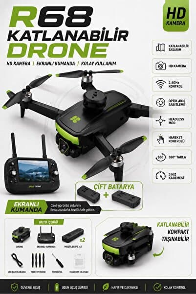 WUNİT R68 Ekranlı Kumanda Drone HD Kamera Çift Batarya Aktif Tüm Özellikler WİFİ