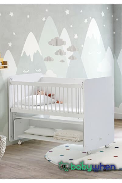 Babywhen Sallanır Tekerlekli Kademeli Anne Yanı Bebek Beşik - Bebek Beşiği - Beyaz - 60x120 Cm - Bw1090