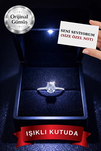CARAT STONE Işıklı Kutuda 1 Carat Kadın Oval Gümüş Yüzük (pırlanta Işıltılı)