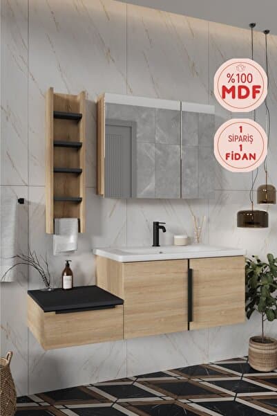 BALNEOM Banyo Zakkum 120 Cm Demonte Lavabolu Banyo Dolabı Dolaplı Aynalı Üst Dolap Havluluk