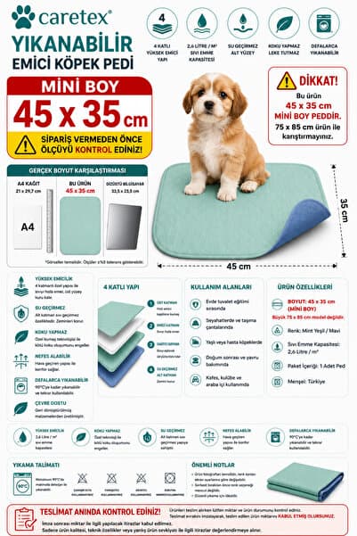 Careshop Caretex Yıkanabilir Emici Köpek Pedi 45x35 cm - Çiş Pedi Tuvalet Eğitim Pedi Su Geçirmez