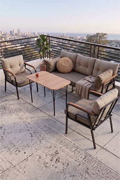 Canisa Ekon Serisi 1. Sınf 3+1+1 ve 1 Adet Orta Sehpa 2 Yastıklı Cappucino Bahçe Balkon Oturma Koltuk Takımı