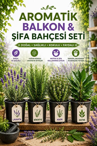 Rosemary Garden 4lü Aromatik Şifa Bahçesi Seti 2L Saksıda Lavanta Biberiye Kekik Akdeniz Defnesi Fidanı Set
