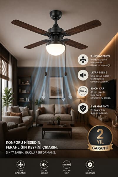 FANCİUM DKF-401 Kahverengi Ahşap Kanatlı Aydınlatmalı Tavan Vantilatörü