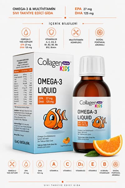 Collagen Forte Platinum Omega-3 Kids Liquid & Multivitamin 150ml Çocuklar Için Portakal Aromalı Sıvı Balık Yağı