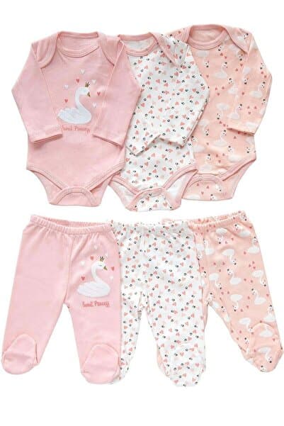Bubito Kız Bebek Body Zıbın Seti 6'lı %100 Pamuk Kuğu Baskılı Patikli Alt - Pembe