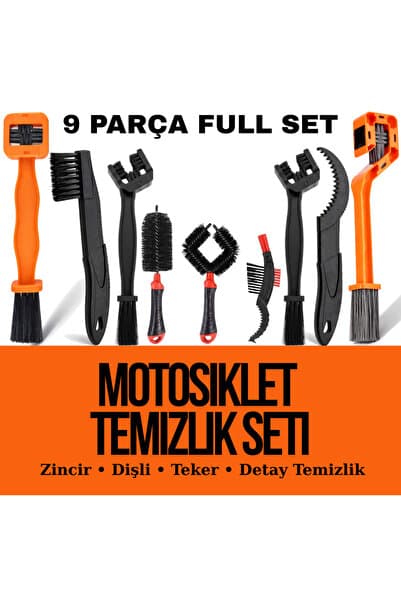ax7 9 Parça Full Motosiklet Temizlik Seti – Zincir, Dişli, Jant & Detay Fırçaları